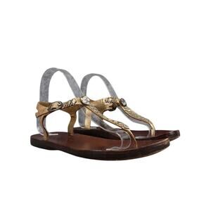 Calleen Cordero Shoes Womens 7 Sandals Leather Studded T Strap Gold Fashion Flat